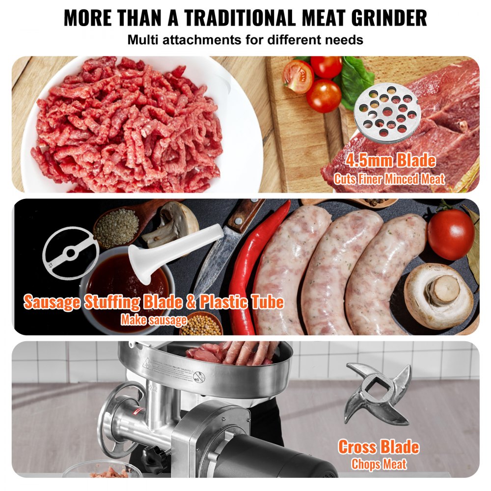 VEVOR Meat Grinder, 14 Lbs/Min Capacity Electric Meat Grinders with Blade, Grinding Plate, Sausage Maker, Stainless Steel Commercial Meat Mincer for Kitchen Restaurant Butcher Store