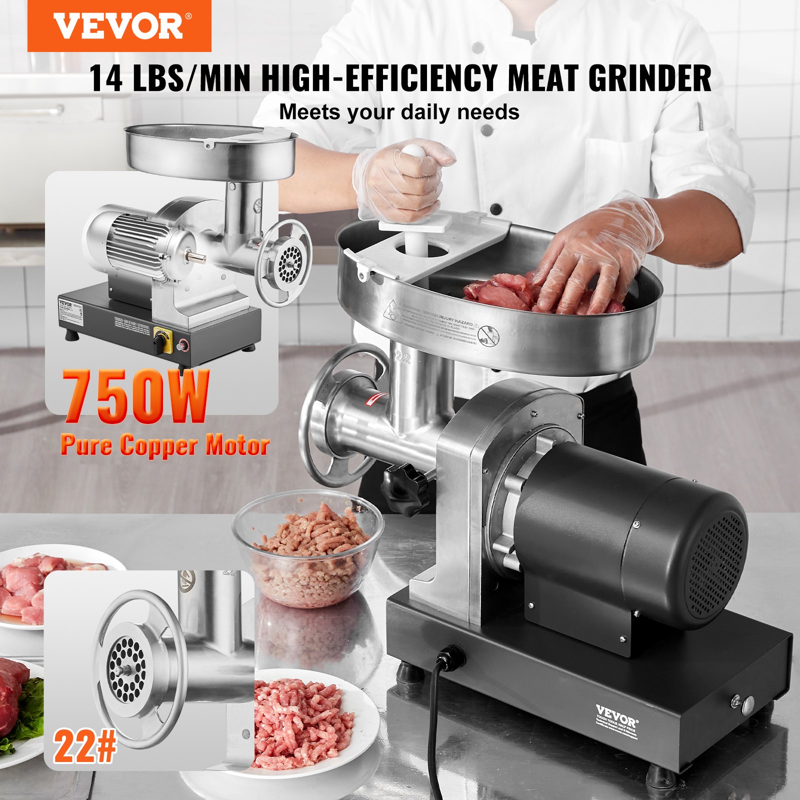 VEVOR Meat Grinder, 14 Lbs/Min Capacity Electric Meat Grinders with Blade, Grinding Plate, Sausage Maker, Stainless Steel Commercial Meat Mincer for Kitchen Restaurant Butcher Store