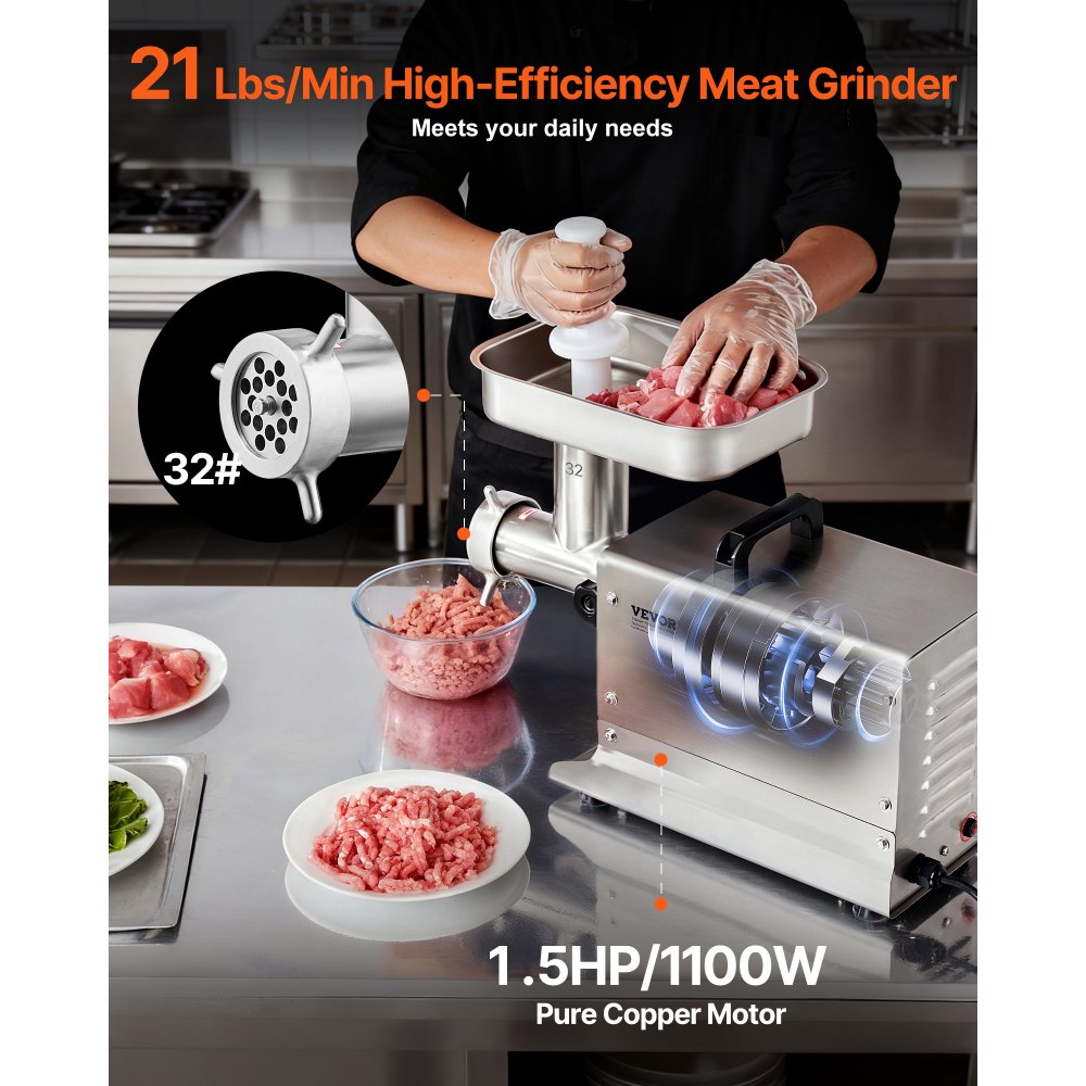 VEVOR Meat Grinder, 21 Lbs/Min Capacity Electric Meat Grinders with Blade, Grinding Plate, Sausage Maker, Stainless Steel Commercial Meat Mincer for Kitchen Restaurant Butcher Store