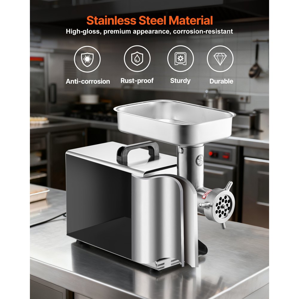 VEVOR Meat Grinder, 21 Lbs/Min Capacity Electric Meat Grinders with Blade, Grinding Plate, Sausage Maker, Stainless Steel Commercial Meat Mincer for Kitchen Restaurant Butcher Store