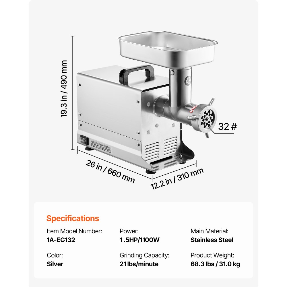 VEVOR Meat Grinder, 21 Lbs/Min Capacity Electric Meat Grinders with Blade, Grinding Plate, Sausage Maker, Stainless Steel Commercial Meat Mincer for Kitchen Restaurant Butcher Store