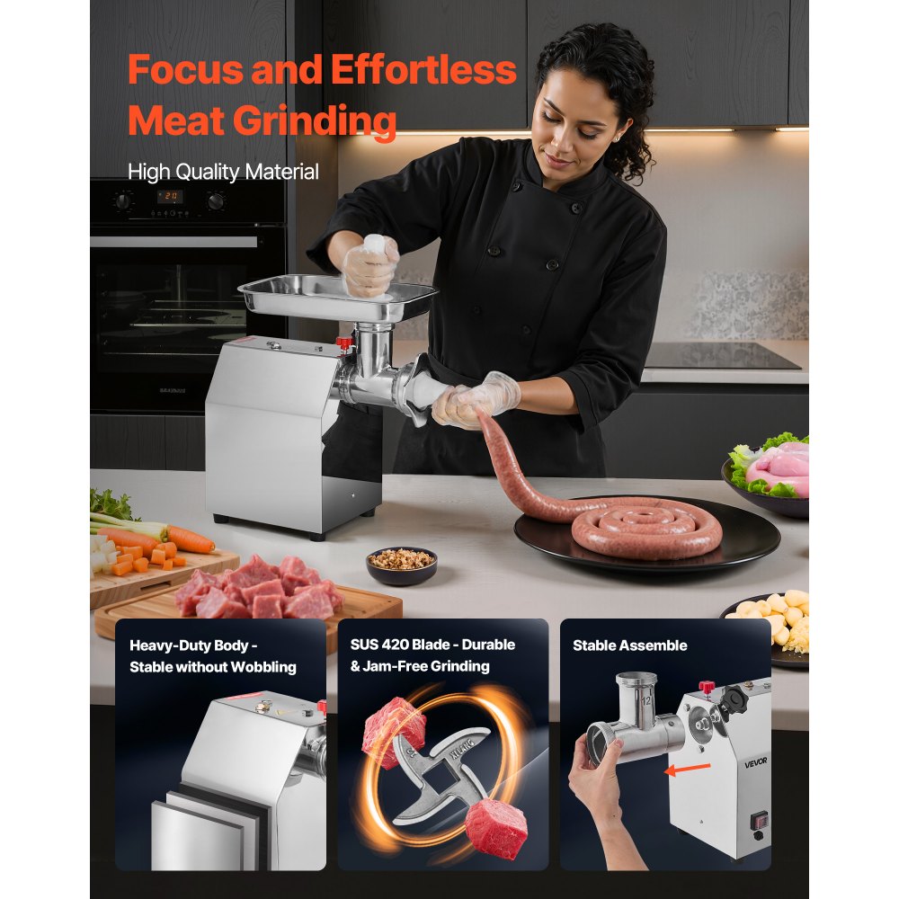 VEVOR Commercial Electric Meat Grinder, 3.2 kg/min Capacity, #12 Industrial Meat Mincer with 2 Stainless Steel Blades, 2 Grinding Plates, 850W Heavy-Duty Sausage Maker, for Kitchen, Restaurant