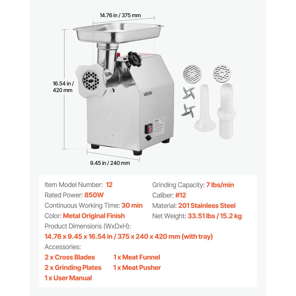 VEVOR Commercial Electric Meat Grinder, 3.2 kg/min Capacity, #12 Industrial Meat Mincer with 2 Stainless Steel Blades, 2 Grinding Plates, 850W Heavy-Duty Sausage Maker, for Kitchen, Restaurant