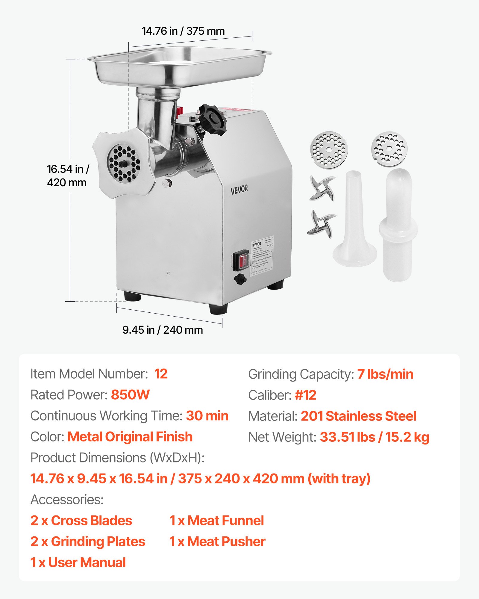 VEVOR Commercial Electric Meat Grinder, 3.2 kg/min Capacity, #12 Industrial Meat Mincer with 2 Stainless Steel Blades, 2 Grinding Plates, 850W Heavy-Duty Sausage Maker, for Kitchen, Restaurant