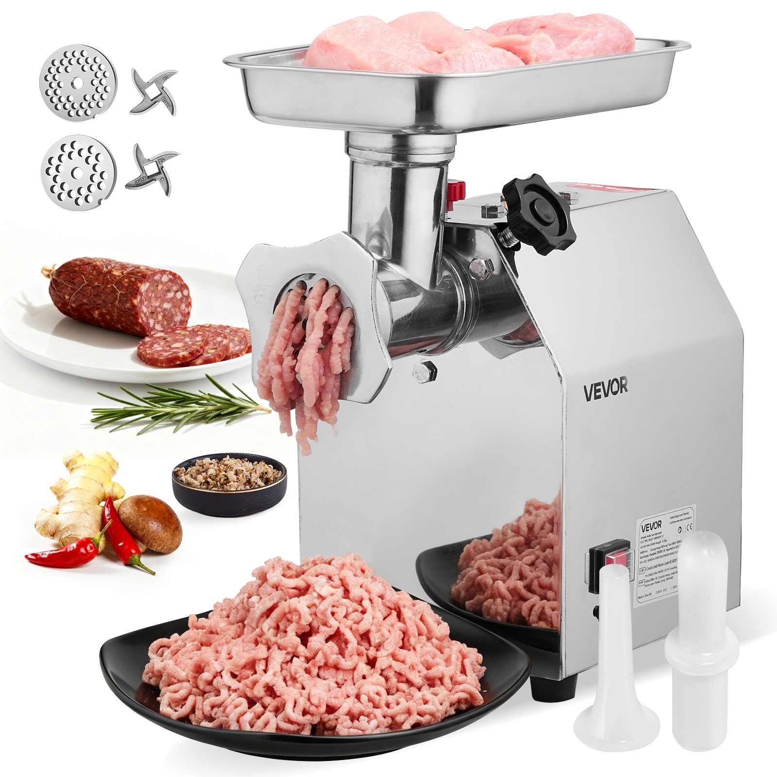 VEVOR Commercial Electric Meat Grinder, 3.2 kg/min Capacity, #12 Industrial Meat Mincer with 2 Stainless Steel Blades, 2 Grinding Plates, 850W Heavy-Duty Sausage Maker, for Kitchen, Restaurant