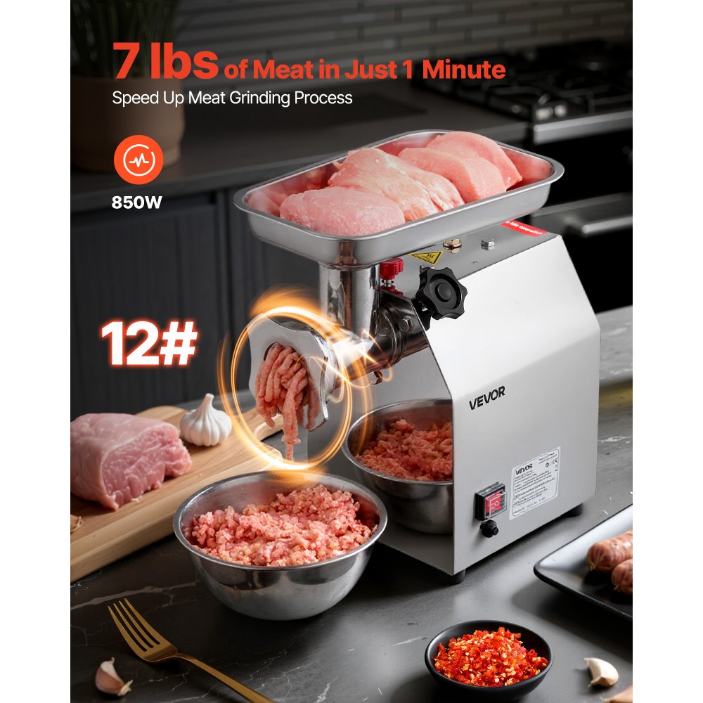 VEVOR Commercial Electric Meat Grinder, 3.2 kg/min Capacity, #12 Industrial Meat Mincer with 2 Stainless Steel Blades, 2 Grinding Plates, 850W Heavy-Duty Sausage Maker, for Kitchen, Restaurant