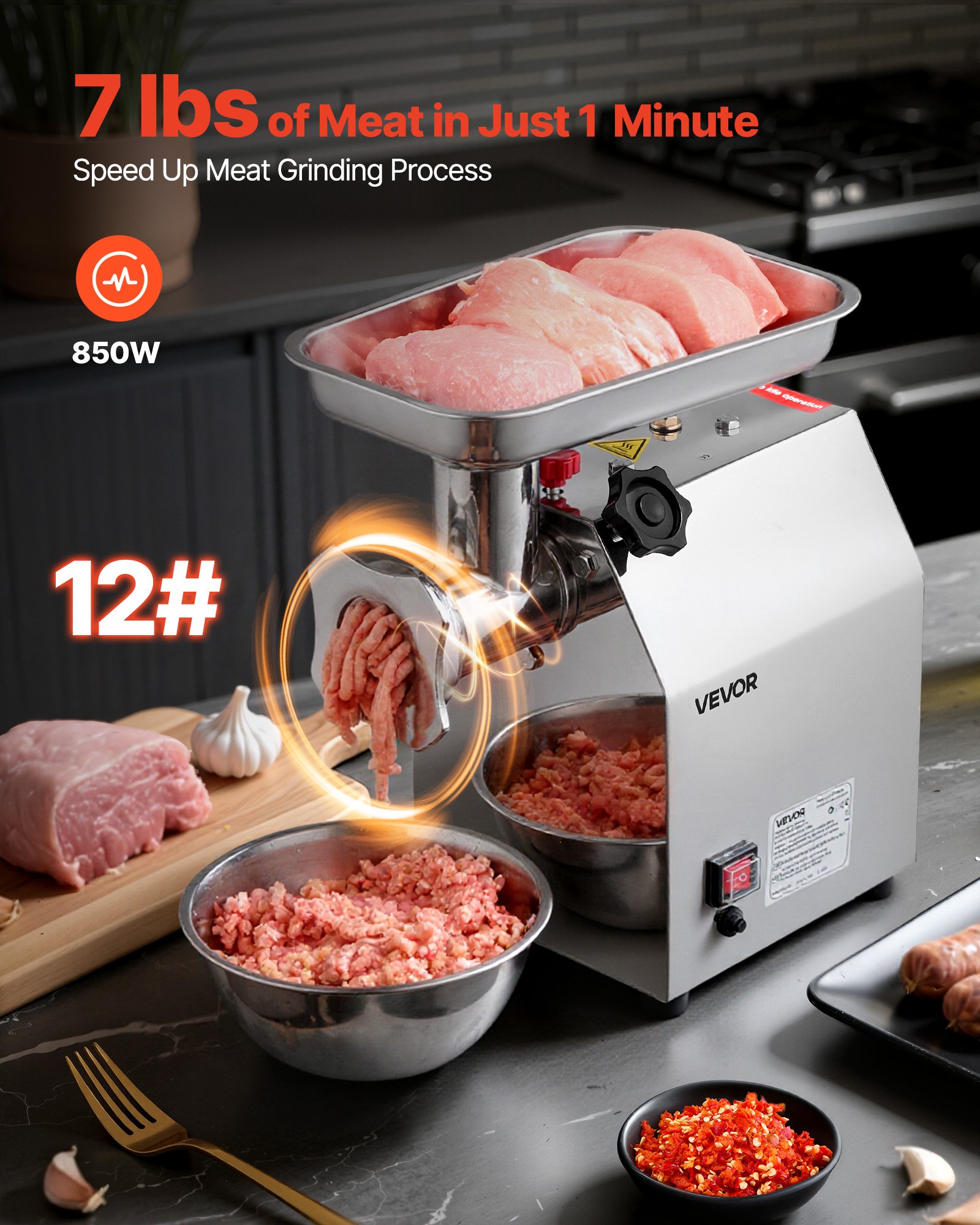 VEVOR Electric Meat Grinder, 5.5 Lbs/Min Capacity, Countertop Industrial Meat Mincer w/ Blade, Grinding Plate, Sausage Maker, Stainless Steel Commercial Meat Grinder for Kitchen Restaurant