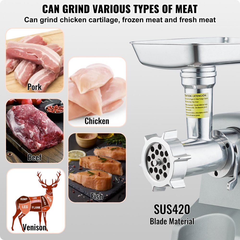VEVOR Electric Meat Grinder, 5 Lb/Min Capacity, 575W（800W MAX) Industrial Meat Mincer with Blade, Grinding Plate, Sausage Stuffing Blade and 3 Tubes, Aluminum Commercial Meat Grinder