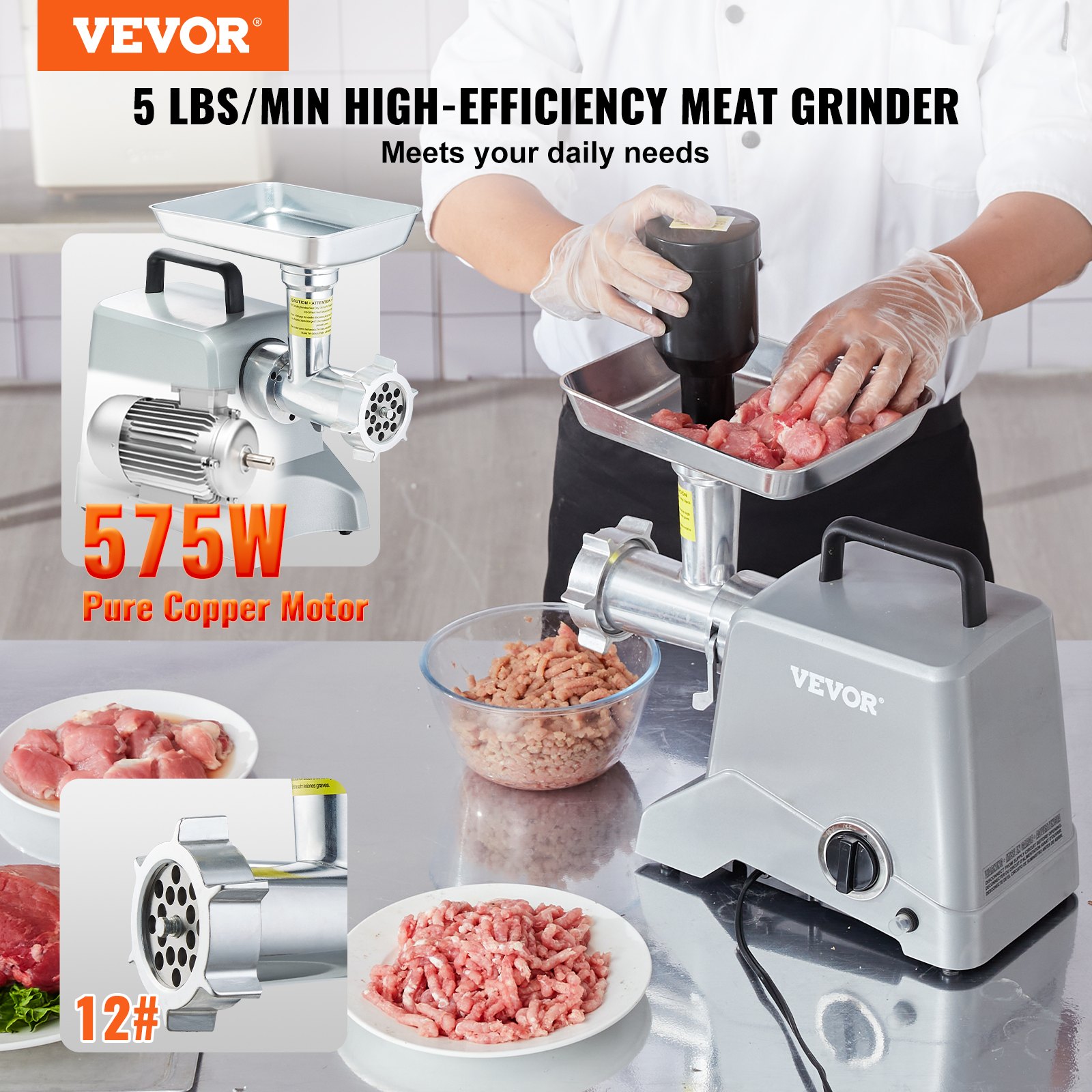 VEVOR Electric Meat Grinder, 5 Lb/Min Capacity, 575W（800W MAX) Industrial Meat Mincer with Blade, Grinding Plate, Sausage Stuffing Blade and 3 Tubes, Aluminum Commercial Meat Grinder