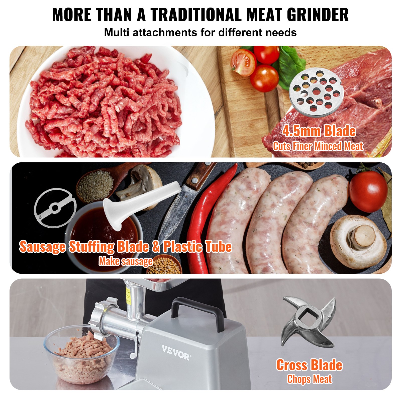 VEVOR Electric Meat Grinder, 5 Lb/Min Capacity, 575W（800W MAX) Industrial Meat Mincer with Blade, Grinding Plate, Sausage Stuffing Blade and 3 Tubes, Aluminum Commercial Meat Grinder