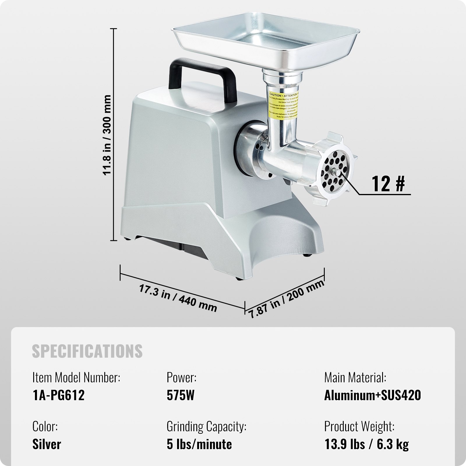 VEVOR Electric Meat Grinder, 5 Lb/Min Capacity, 575W（800W MAX) Industrial Meat Mincer with Blade, Grinding Plate, Sausage Stuffing Blade and 3 Tubes, Aluminum Commercial Meat Grinder