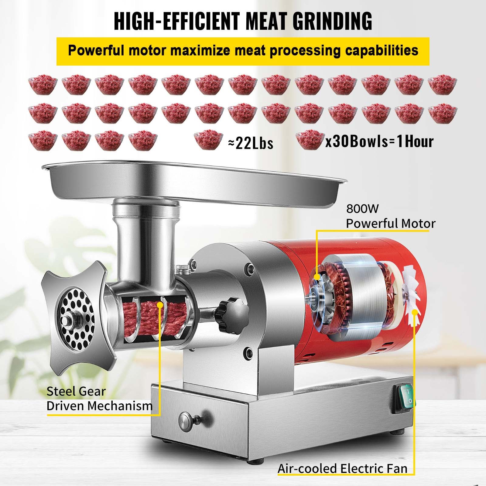 VEVOR Electric Meat Grinder, 661 Lbs/Hour 800 W Meat Grinder Machine, 1.5 HP Electric Meat Mincer with 2 Grinding Plates, Sausage Kit Set Meat Grinder Heavy Duty, Home Kitchen & Commercial Use
