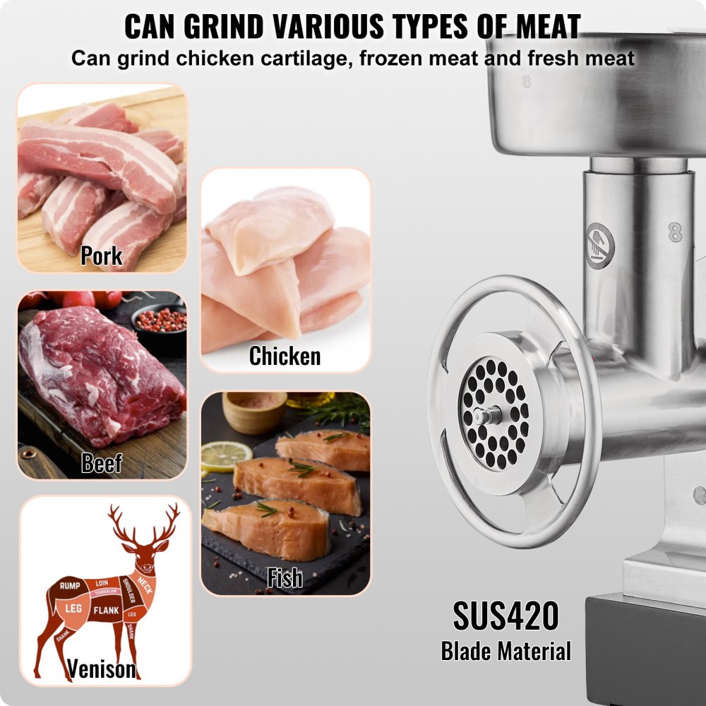 Picadora de carne VEVOR, picadora de carne eléctrica de 2,7 kg/min con cuchilla y placa de molienda, máquina para hacer salchichas, picadora de carne comercial de acero inoxidable para cocina, restaurante, carnicería