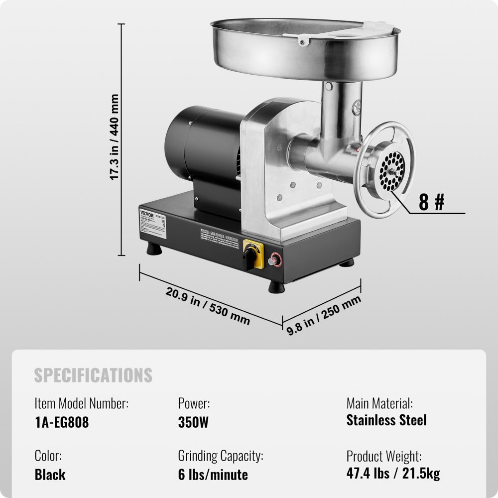 Picadora de carne VEVOR, picadora de carne eléctrica de 2,7 kg/min con cuchilla y placa de molienda, máquina para hacer salchichas, picadora de carne comercial de acero inoxidable para cocina, restaurante, carnicería