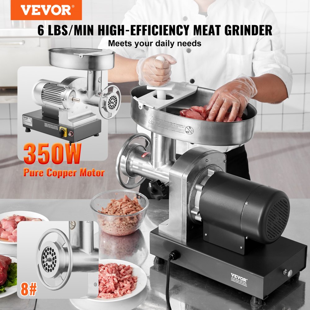 VEVOR Meat Grinder, 6 Lbs/Min Capacity Electric Meat Grinders with Blade, Grinding Plate, Sausage Maker, Stainless Steel Commercial Meat Mincer for Kitchen Restaurant Butcher Store