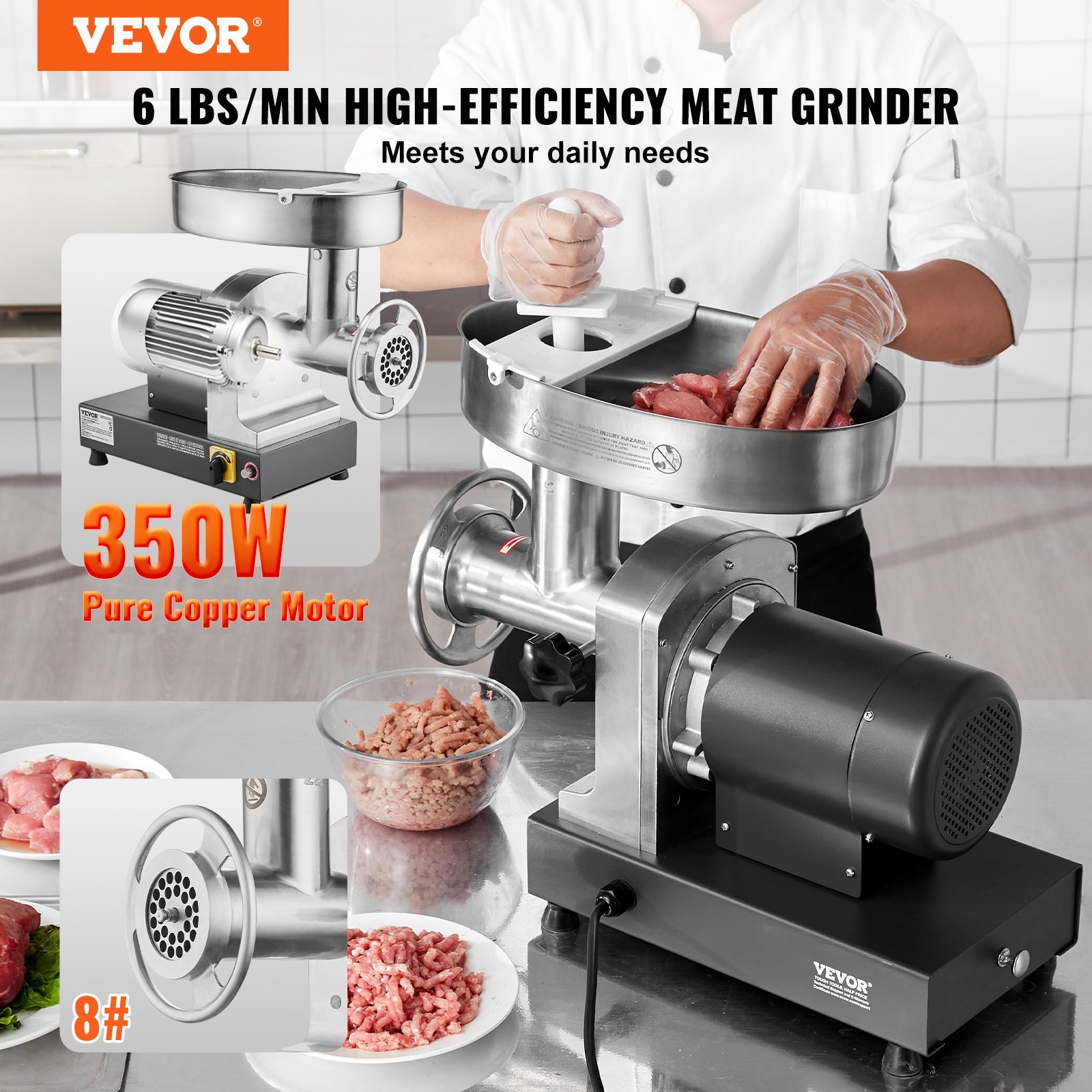 VEVOR Meat Grinder, 6 Lbs/Min Capacity Electric Meat Grinders with Blade, Grinding Plate, Sausage Maker, Stainless Steel Commercial Meat Mincer for Kitchen Restaurant Butcher Store