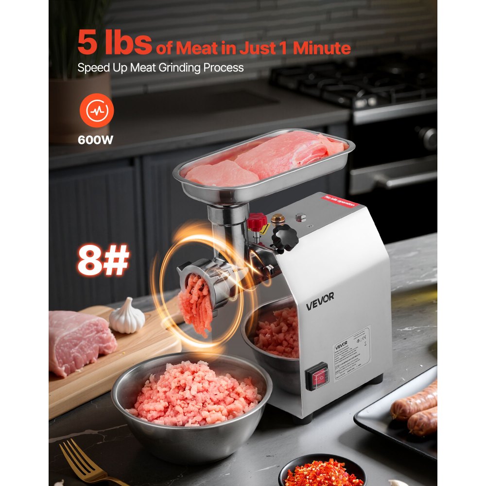 VEVOR Commercial Electric Meat Grinder, 2.27 kg/min Capacity, #8 Industrial Meat Mincer with 2 Stainless Steel Blades, 2 Grinding Plates, 600W Heavy-Duty Sausage Maker, for Kitchen, Restaurant
