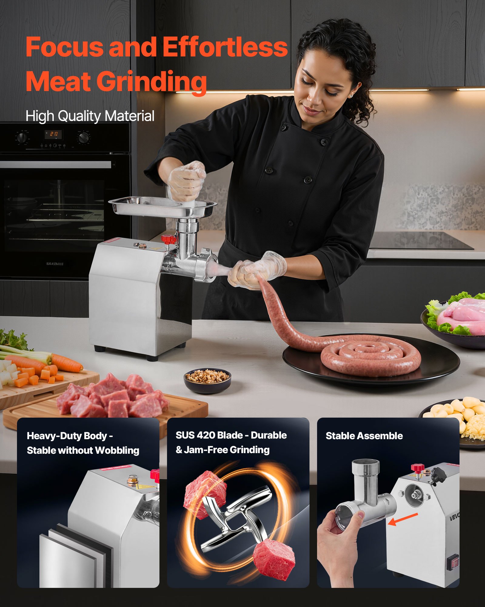 VEVOR Commercial Electric Meat Grinder, 2.27 kg/min Capacity, #8 Industrial Meat Mincer with 2 Stainless Steel Blades, 2 Grinding Plates, 600W Heavy-Duty Sausage Maker, for Kitchen, Restaurant