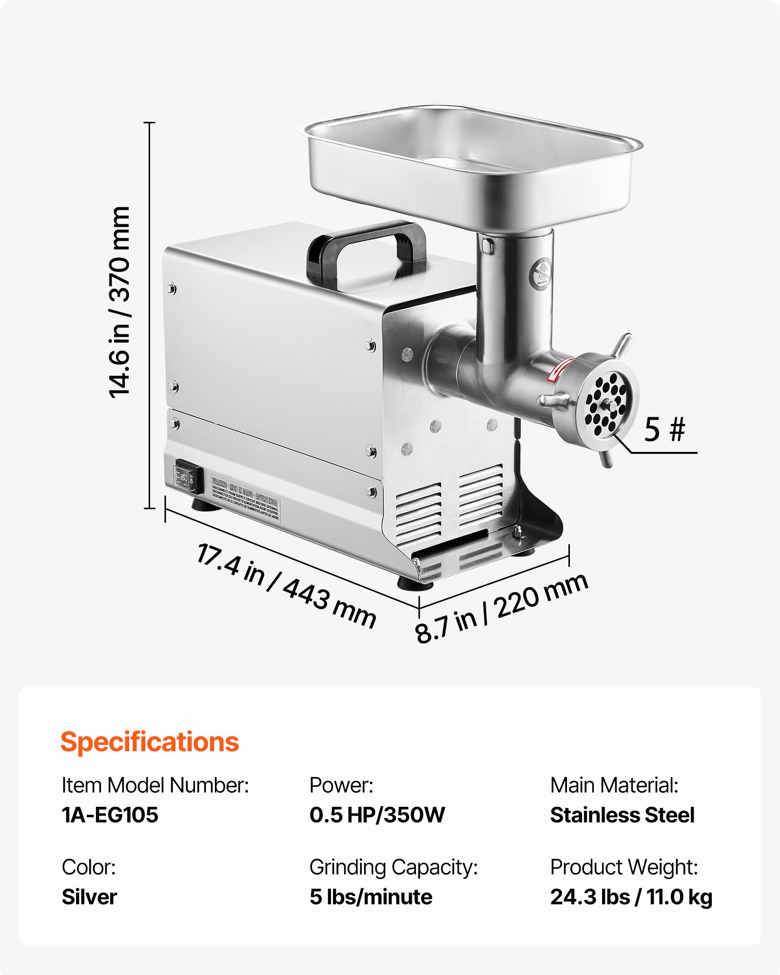 VEVOR Meat Grinder, 5 Lbs/Min Capacity Electric Meat Grinders with Blade, Grinding Plate, Sausage Maker, Stainless Steel Commercial Meat Mincer for Kitchen Restaurant Butcher Store