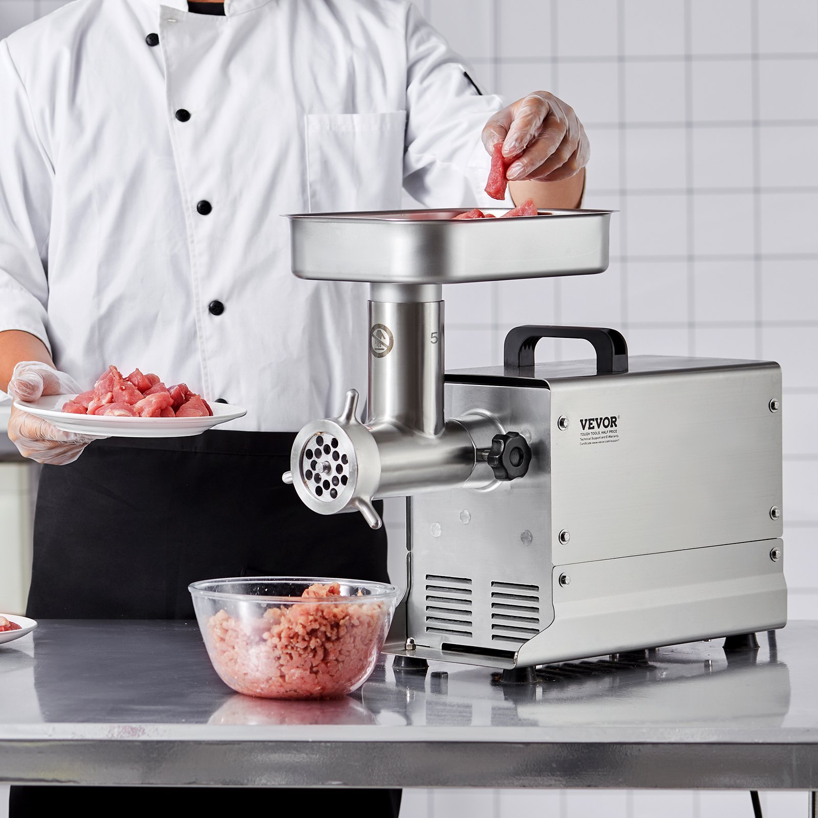 VEVOR Meat Grinder, 5 Lbs/Min Capacity Electric Meat Grinders with Blade, Grinding Plate, Sausage Maker, Stainless Steel Commercial Meat Mincer for Kitchen Restaurant Butcher Store