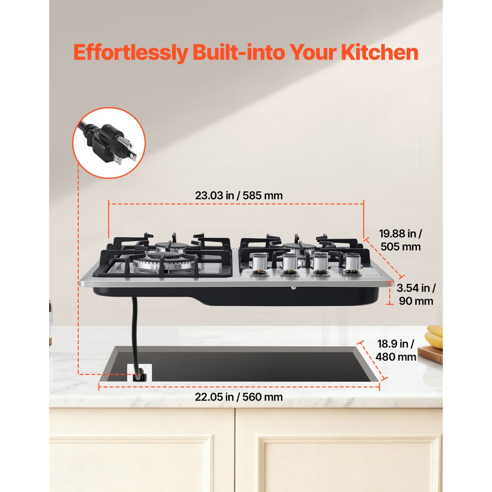 VEVOR 24 inch Gas Cooktop 4 Burners Gas Stove Top, Max 27000BTU Built-in Stainless Steel Stove Top LPG/NG Convertible Dual Fuel Cooktop Stoves with Thermocouple Protection for Kitchen Apartment Rvs