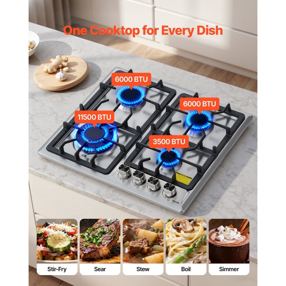 VEVOR 24 inch Gas Cooktop 4 Burners Gas Stove Top, Max 27000BTU Built-in Stainless Steel Stove Top LPG/NG Convertible Dual Fuel Cooktop Stoves with Thermocouple Protection for Kitchen Apartment Rvs