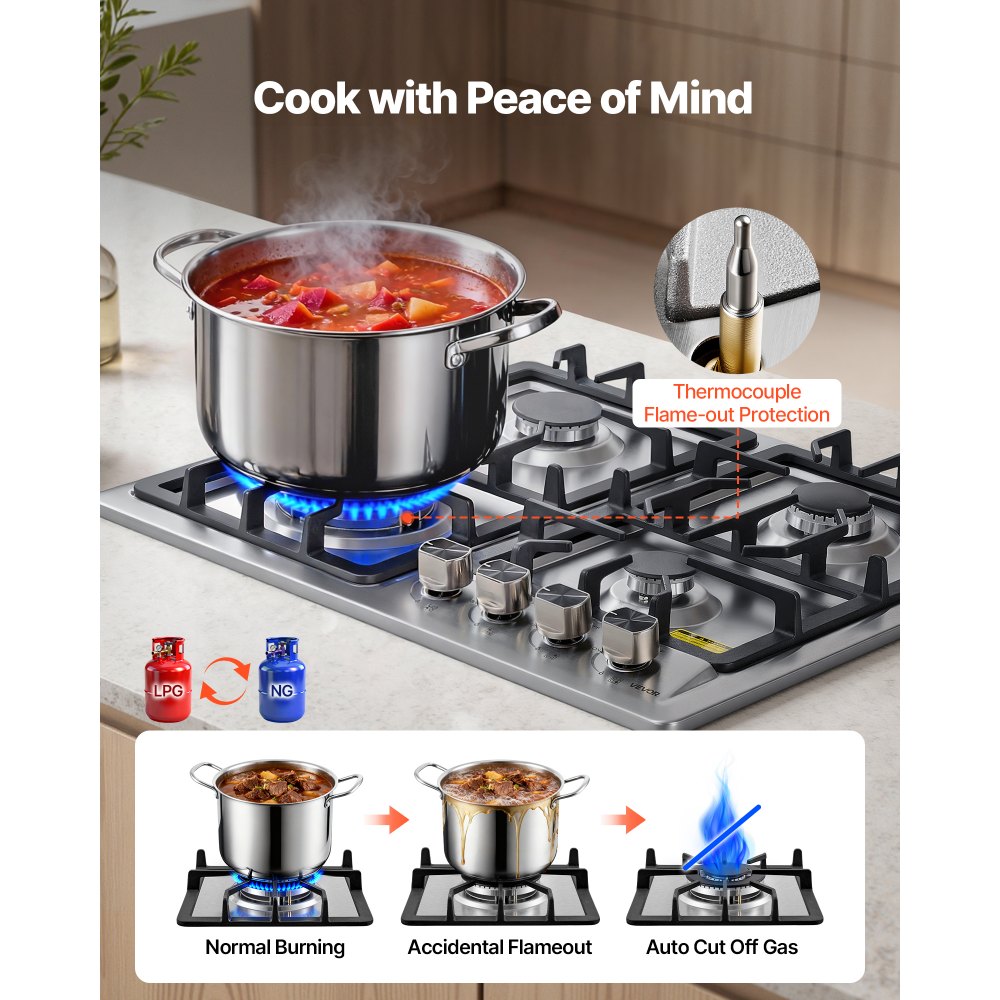 VEVOR 24 inch Gas Cooktop 4 Burners Gas Stove Top, Max 27000BTU Built-in Stainless Steel Stove Top LPG/NG Convertible Dual Fuel Cooktop Stoves with Thermocouple Protection for Kitchen Apartment Rvs