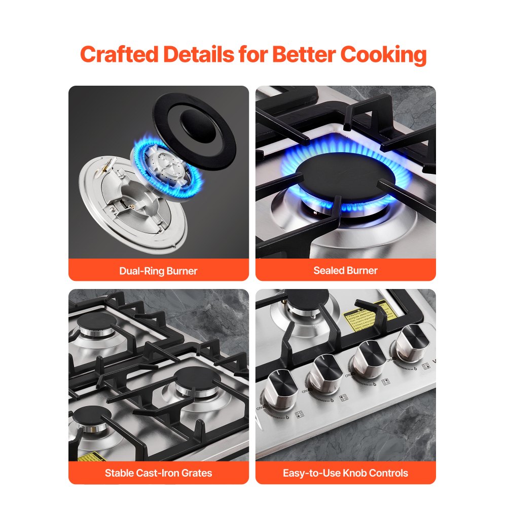 VEVOR 24 inch Gas Cooktop 4 Burners Gas Stove Top, Max 27000BTU Built-in Stainless Steel Stove Top LPG/NG Convertible Dual Fuel Cooktop Stoves with Thermocouple Protection for Kitchen Apartment Rvs