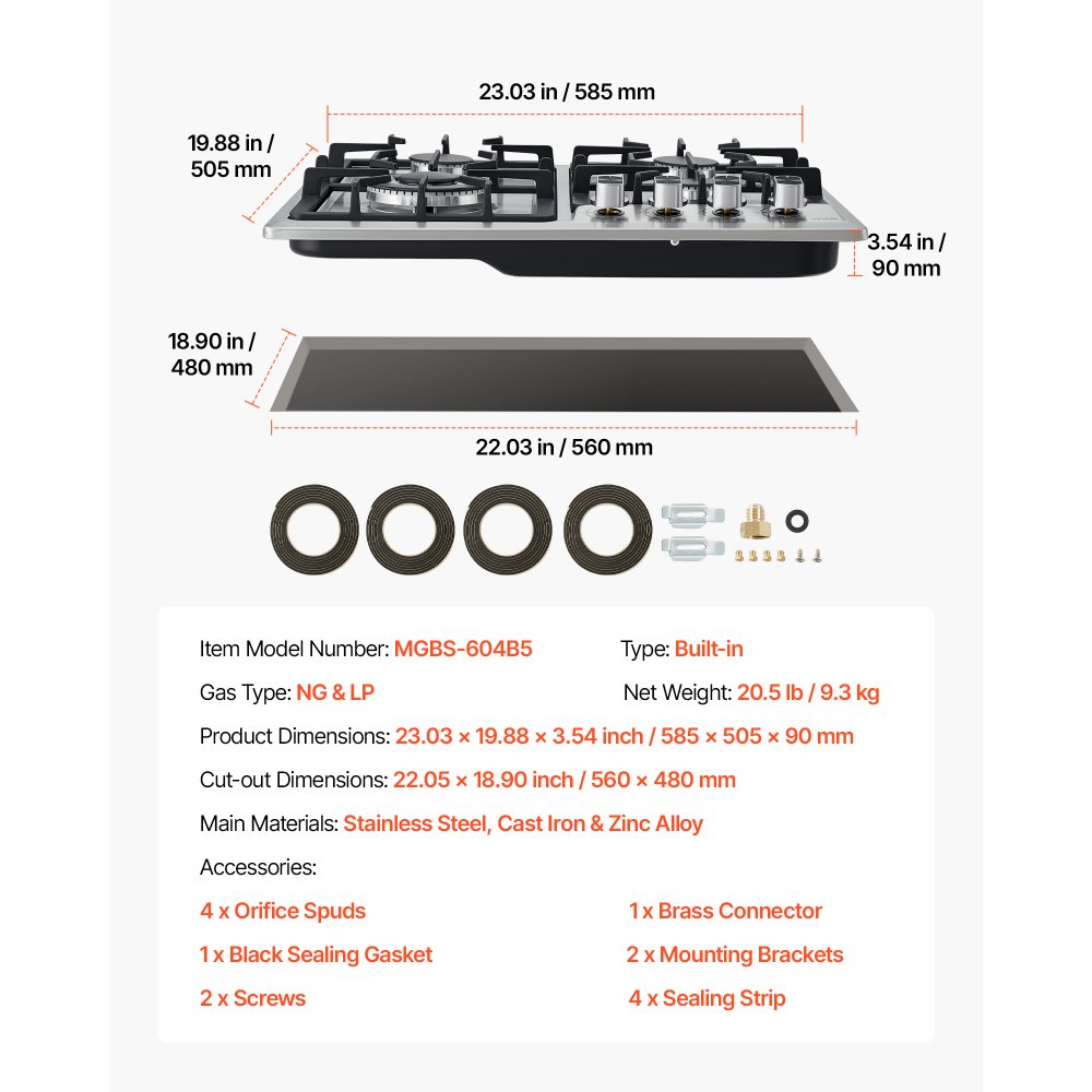 VEVOR 24 inch Gas Cooktop 4 Burners Gas Stove Top, Max 27000BTU Built-in Stainless Steel Stove Top LPG/NG Convertible Dual Fuel Cooktop Stoves with Thermocouple Protection for Kitchen Apartment Rvs