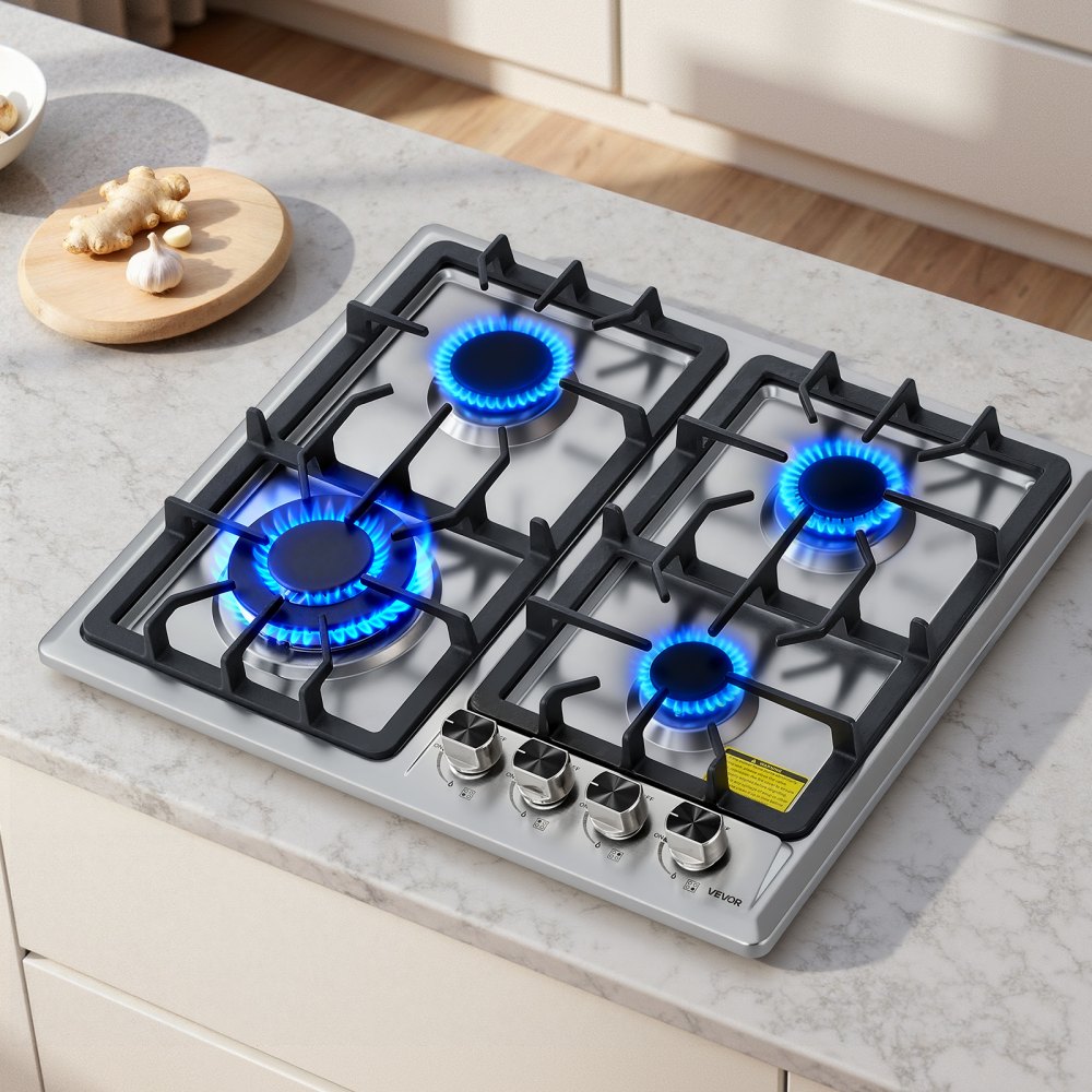 VEVOR 24 inch Gas Cooktop 4 Burners Gas Stove Top, Max 27000BTU Built-in Stainless Steel Stove Top LPG/NG Convertible Dual Fuel Cooktop Stoves with Thermocouple Protection for Kitchen Apartment Rvs