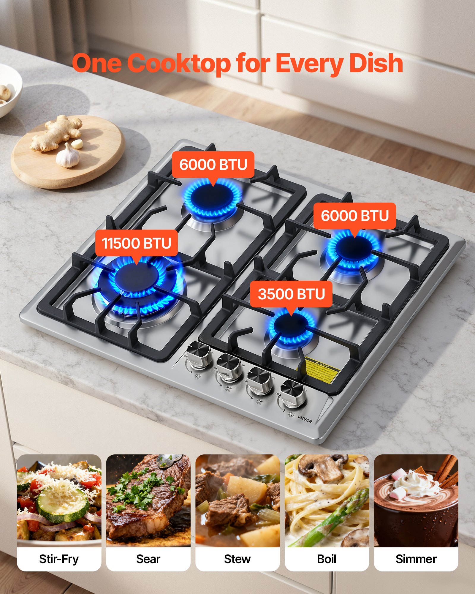 VEVOR 24 inch Gas Cooktop 4 Burners Gas Stove Top, Max 27000BTU Built-in Stainless Steel Stove Top LPG/NG Convertible Dual Fuel Cooktop Stoves with Thermocouple Protection for Kitchen Apartment Rvs