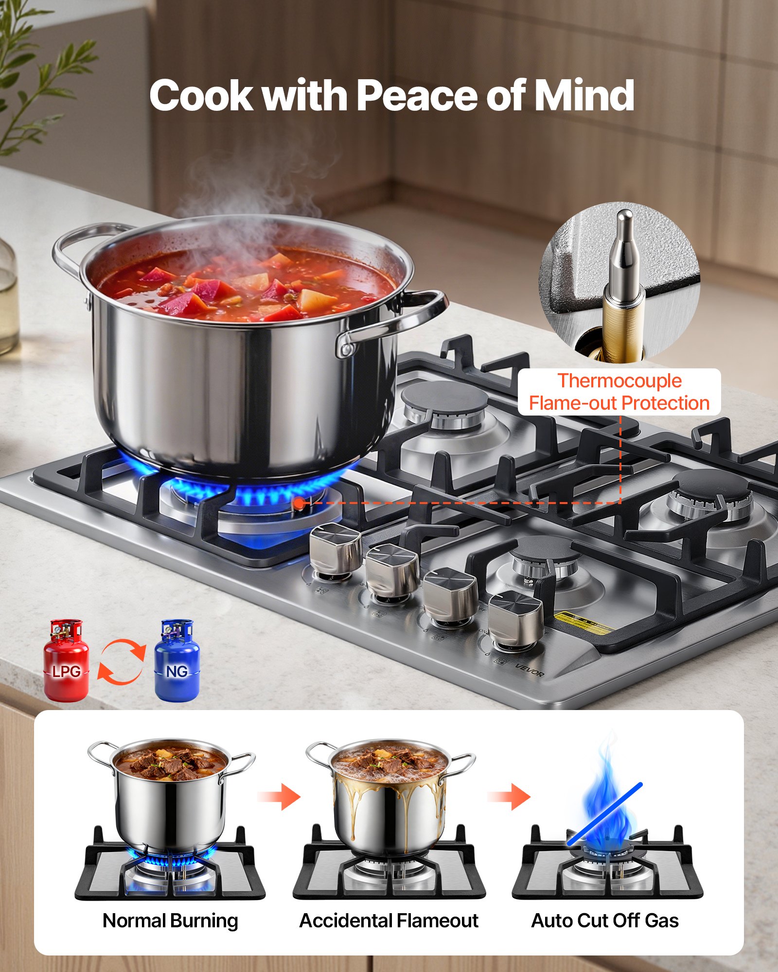 VEVOR 24 inch Gas Cooktop 4 Burners Gas Stove Top, Max 27000BTU Built-in Stainless Steel Stove Top LPG/NG Convertible Dual Fuel Cooktop Stoves with Thermocouple Protection for Kitchen Apartment Rvs