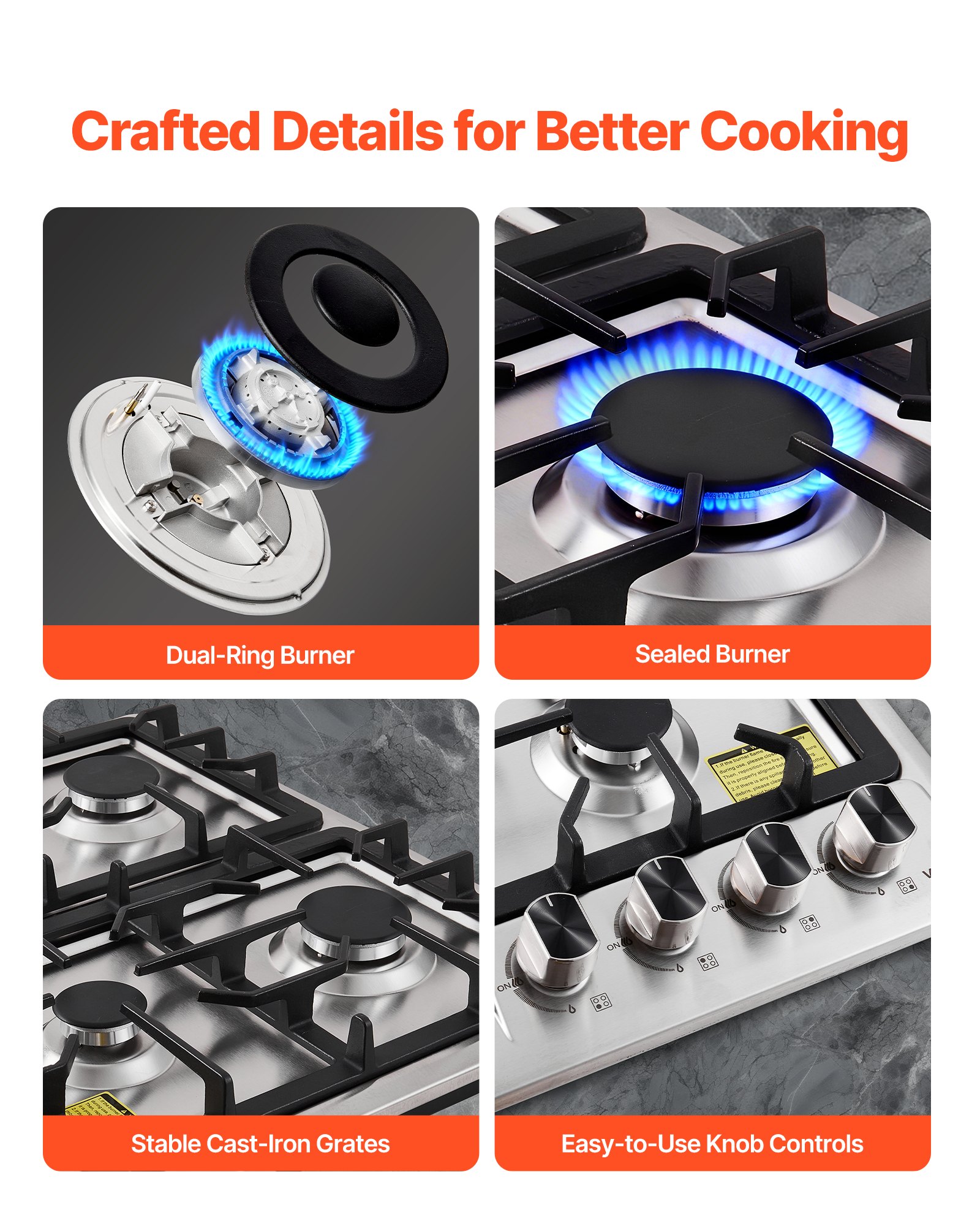 VEVOR 24 inch Gas Cooktop 4 Burners Gas Stove Top, Max 27000BTU Built-in Stainless Steel Stove Top LPG/NG Convertible Dual Fuel Cooktop Stoves with Thermocouple Protection for Kitchen Apartment Rvs