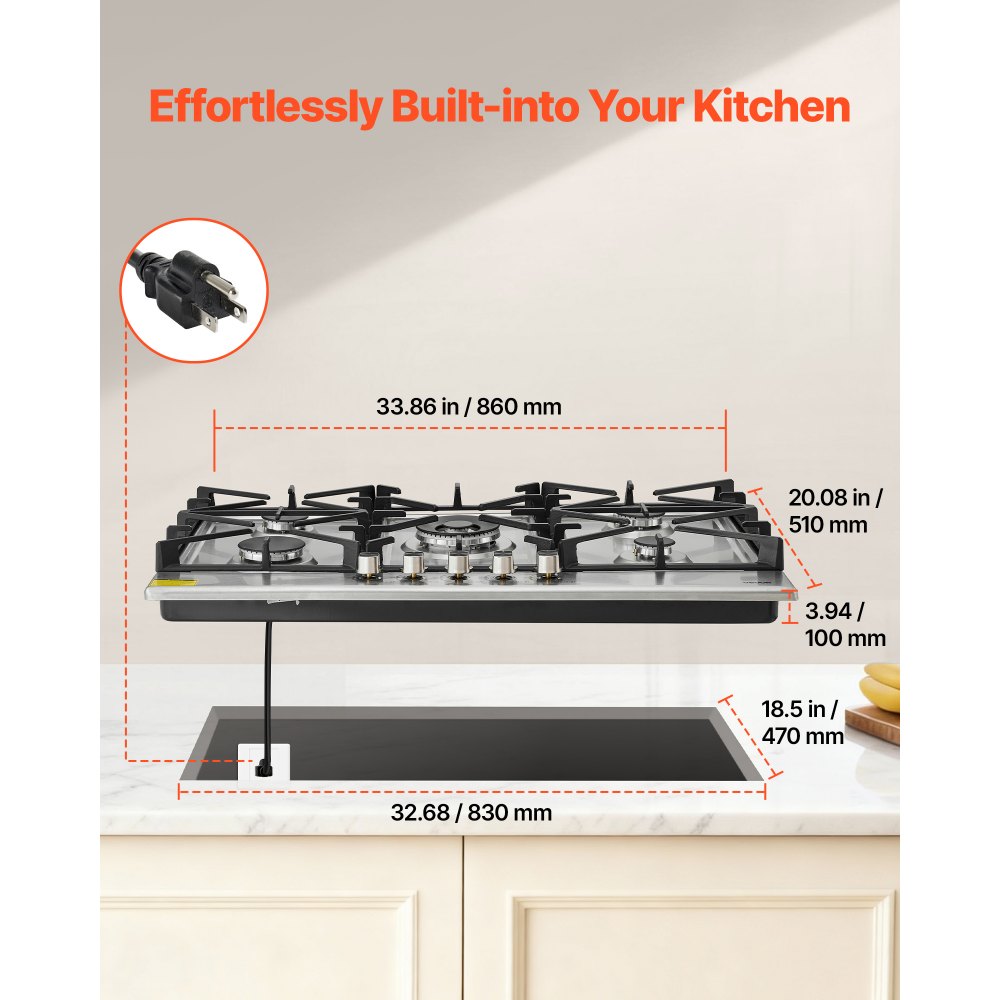 VEVOR 36 inch Gas Cooktop 5 Burners Gas Stove Top, Max 38300BTU Built-in Stainless Steel Stove Top LPG/NG Convertible Dual Fuel Cooktop Stoves with SABAF Dual-Ring Burner for Kitchen Apartment Rvs