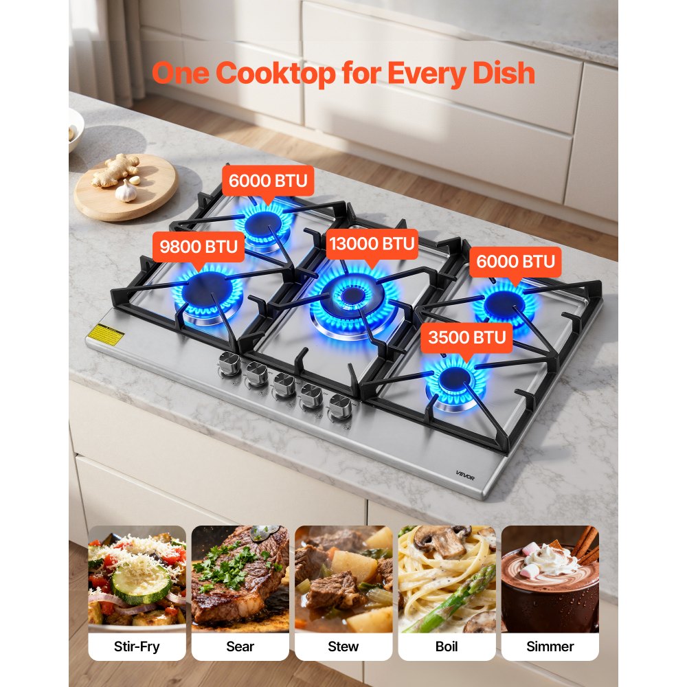 VEVOR 36 inch Gas Cooktop 5 Burners Gas Stove Top, Max 38300BTU Built-in Stainless Steel Stove Top LPG/NG Convertible Dual Fuel Cooktop Stoves with SABAF Dual-Ring Burner for Kitchen Apartment Rvs