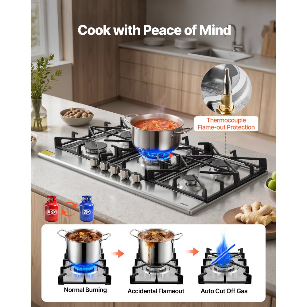 VEVOR 36 inch Gas Cooktop 5 Burners Gas Stove Top, Max 38300BTU Built-in Stainless Steel Stove Top LPG/NG Convertible Dual Fuel Cooktop Stoves with SABAF Dual-Ring Burner for Kitchen Apartment Rvs