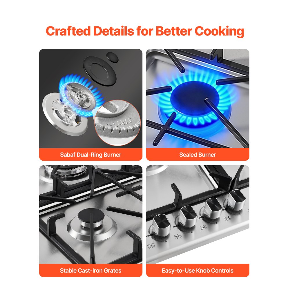 VEVOR 36 inch Gas Cooktop 5 Burners Gas Stove Top, Max 38300BTU Built-in Stainless Steel Stove Top LPG/NG Convertible Dual Fuel Cooktop Stoves with SABAF Dual-Ring Burner for Kitchen Apartment Rvs