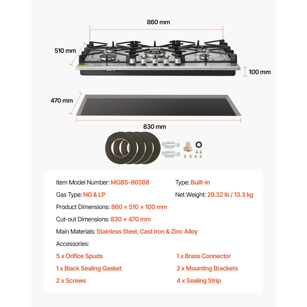 VEVOR 36 inch Gas Cooktop 5 Burners Gas Stove Top, Max 38300BTU Built-in Stainless Steel Stove Top LPG/NG Convertible Dual Fuel Cooktop Stoves with SABAF Dual-Ring Burner for Kitchen Apartment Rvs