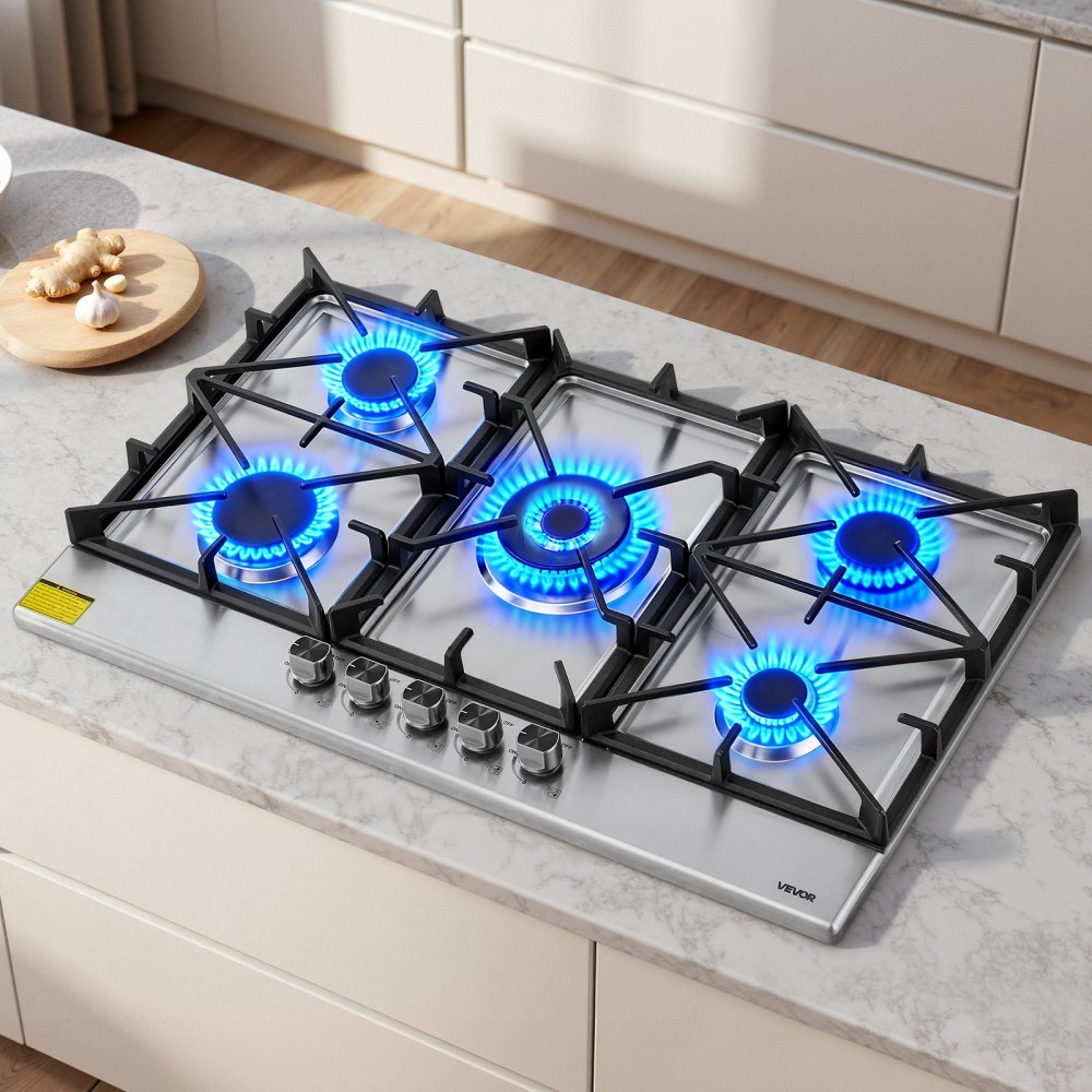 VEVOR 36 inch Gas Cooktop 5 Burners Gas Stove Top, Max 38300BTU Built-in Stainless Steel Stove Top LPG/NG Convertible Dual Fuel Cooktop Stoves with SABAF Dual-Ring Burner for Kitchen Apartment Rvs