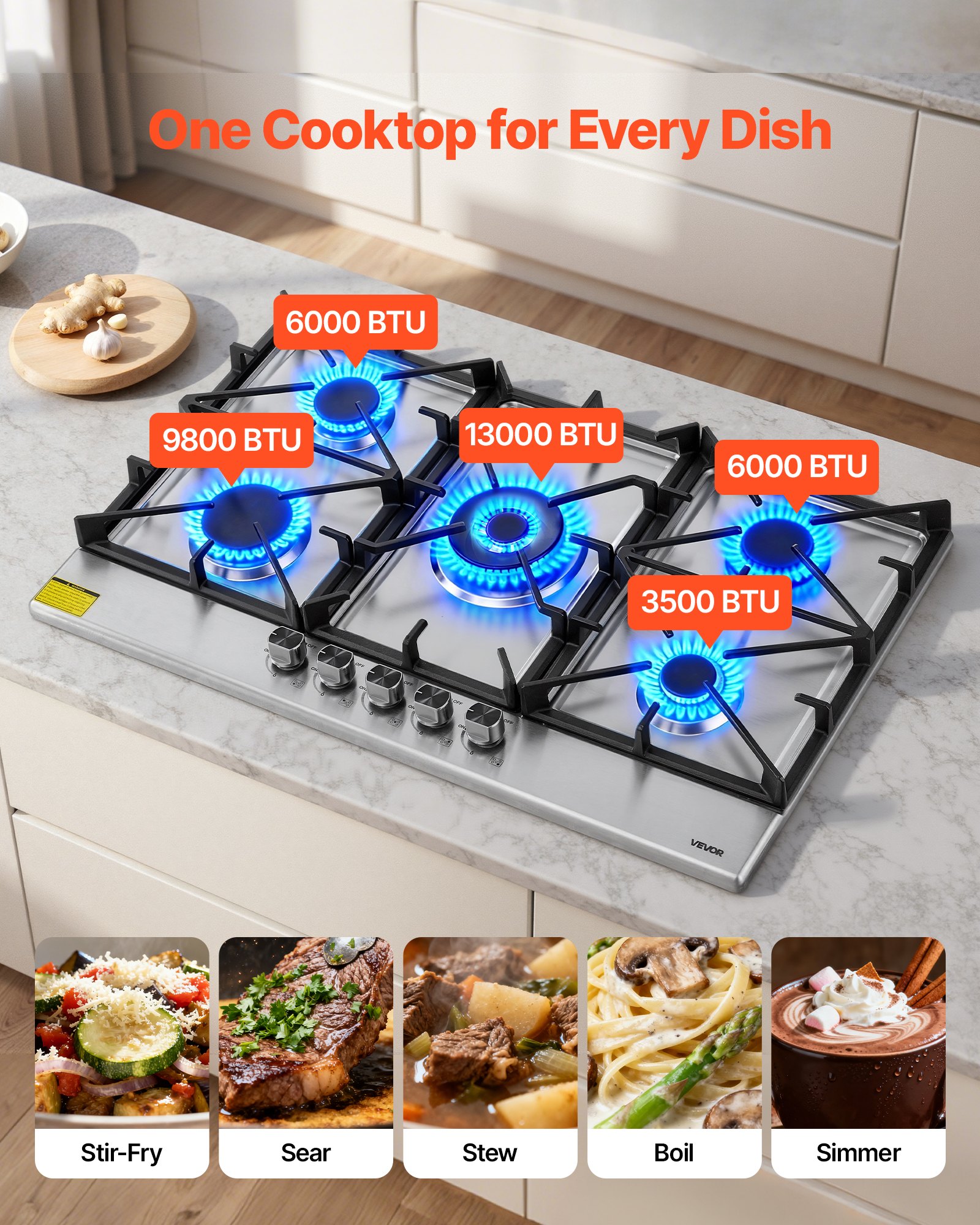 VEVOR 36 inch Gas Cooktop 5 Burners Gas Stove Top, Max 38300BTU Built-in Stainless Steel Stove Top LPG/NG Convertible Dual Fuel Cooktop Stoves with SABAF Dual-Ring Burner for Kitchen Apartment Rvs