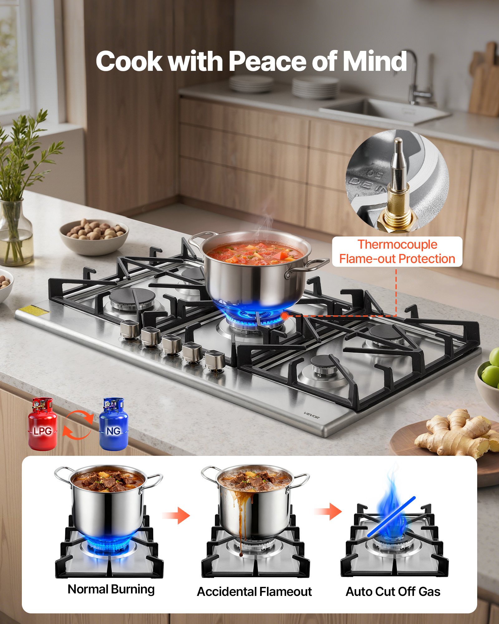 VEVOR 36 inch Gas Cooktop 5 Burners Gas Stove Top, Max 38300BTU Built-in Stainless Steel Stove Top LPG/NG Convertible Dual Fuel Cooktop Stoves with SABAF Dual-Ring Burner for Kitchen Apartment Rvs