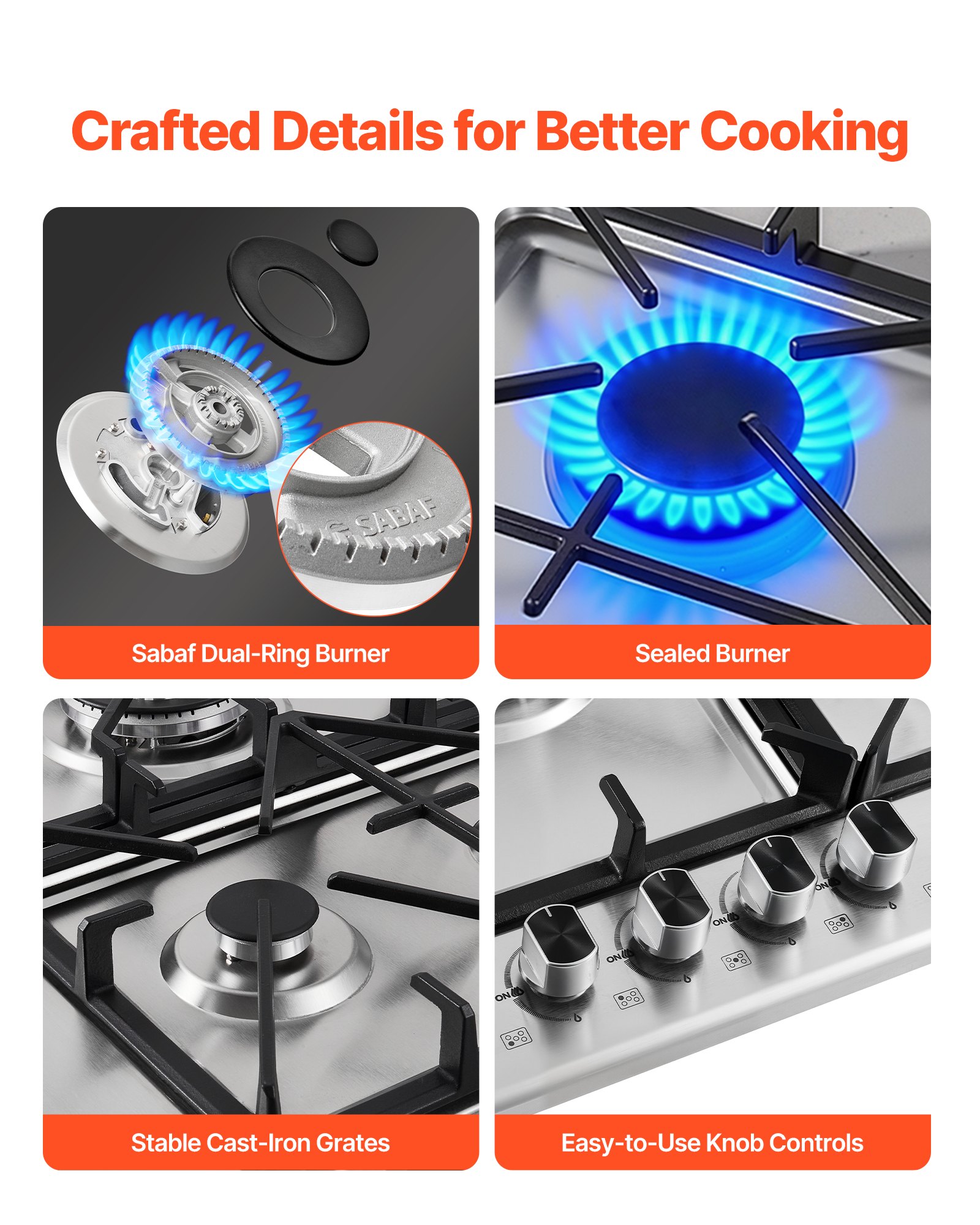 VEVOR 36 inch Gas Cooktop 5 Burners Gas Stove Top, Max 38300BTU Built-in Stainless Steel Stove Top LPG/NG Convertible Dual Fuel Cooktop Stoves with SABAF Dual-Ring Burner for Kitchen Apartment Rvs