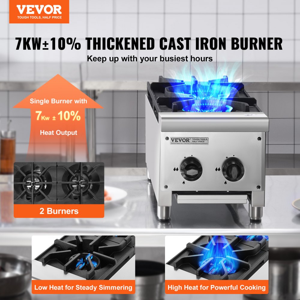 VEVOR Commercial Gas Stove with 2 Burners, Propane and Natural Gas Countertop Cooking Stove Range, Stainless Steel Gas Hot Plate, Commercial Cooking Equipment for Restaurant, 14KW