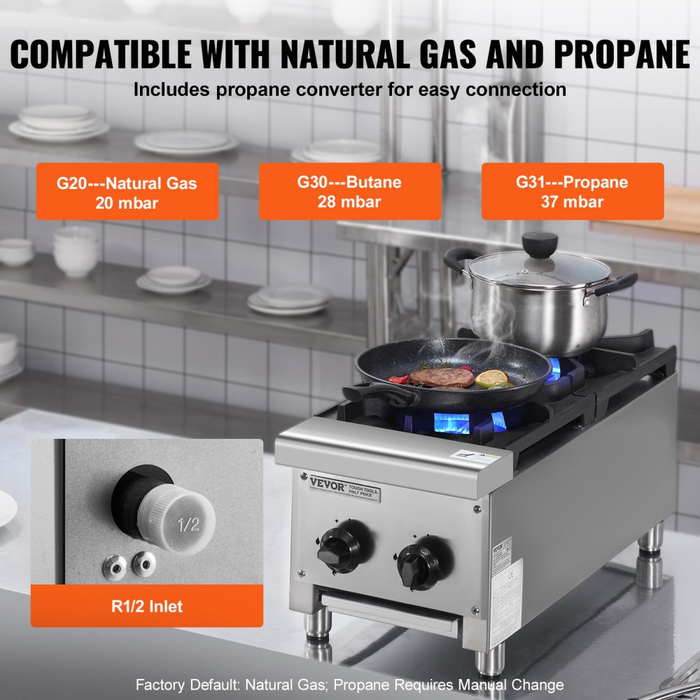 VEVOR Commercial Gas Stove with 2 Burners, Propane and Natural Gas Countertop Cooking Stove Range, Stainless Steel Gas Hot Plate, Commercial Cooking Equipment for Restaurant, 14KW