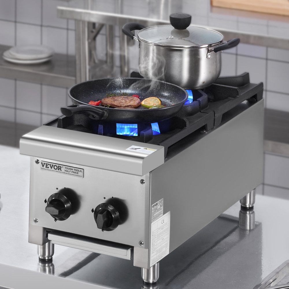 VEVOR Commercial Gas Stove with 2 Burners, Propane and Natural Gas Countertop Cooking Stove Range, Stainless Steel Gas Hot Plate, Commercial Cooking Equipment for Restaurant, 14KW