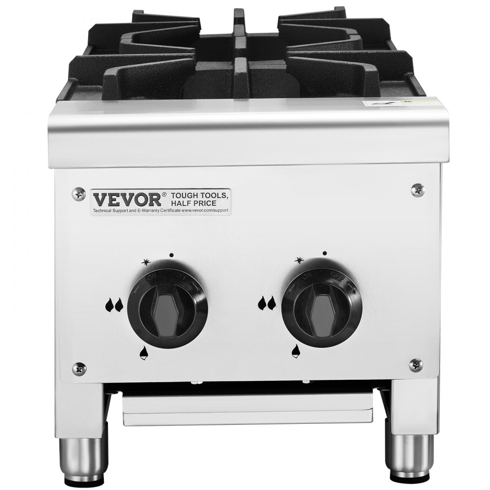 VEVOR Commercial Gas Stove with 2 Burners, Propane and Natural Gas Countertop Cooking Stove Range, Stainless Steel Gas Hot Plate, Commercial Cooking Equipment for Restaurant, 14KW