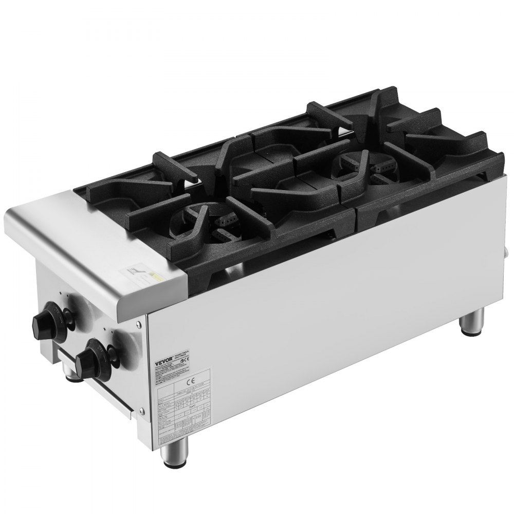 VEVOR Commercial Gas Stove with 2 Burners, Propane and Natural Gas Countertop Cooking Stove Range, Stainless Steel Gas Hot Plate, Commercial Cooking Equipment for Restaurant, 14KW