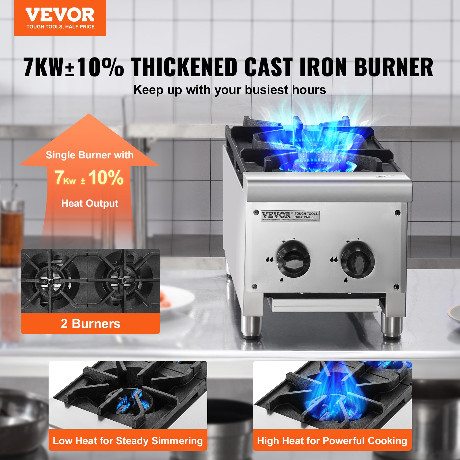 VEVOR Commercial Gas Stove with 2 Burners, Propane and Natural Gas Countertop Cooking Stove Range, Stainless Steel Gas Hot Plate, Commercial Cooking Equipment for Restaurant, 14KW