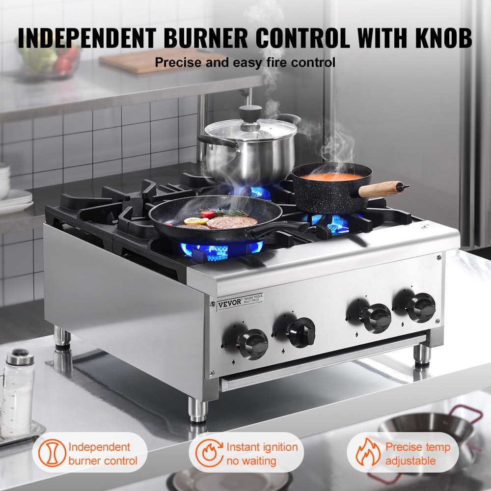 VEVOR Commercial Gas Stove with 4 Burners, Propane and Natural Gas Countertop Cooking Stove Range, Stainless Steel Gas Hot Plate, Commercial Cooking Equipment for Restaurant, 28KW