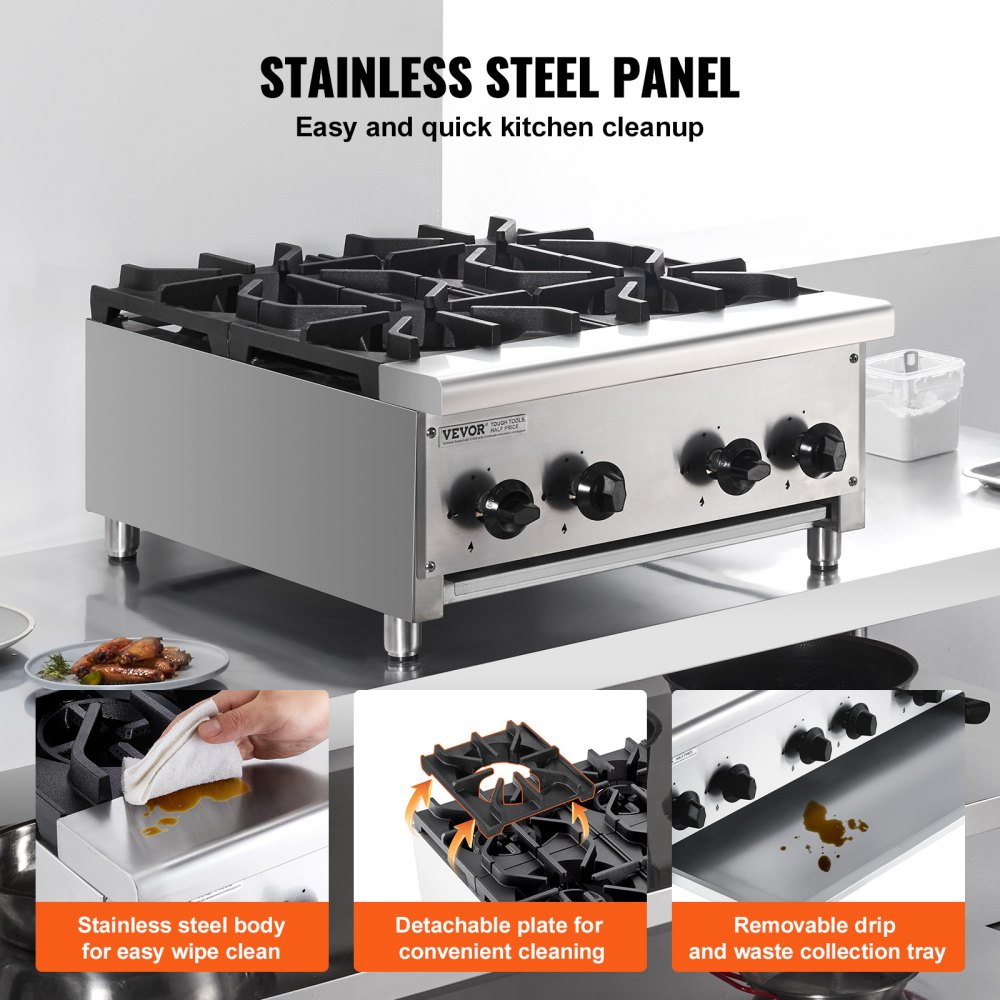 VEVOR Commercial Gas Stove with 4 Burners, Propane and Natural Gas Countertop Cooking Stove Range, Stainless Steel Gas Hot Plate, Commercial Cooking Equipment for Restaurant, 28KW